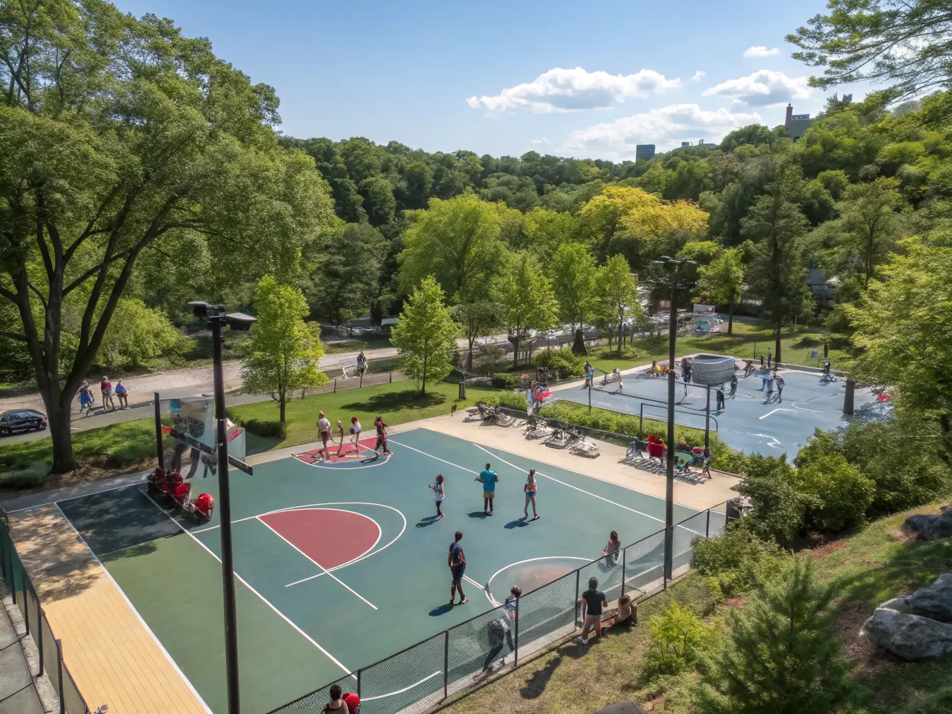 A photo of children and adults playing basketball on an outdoor court with smiles and active participation, representing the sports activities available at CCS.