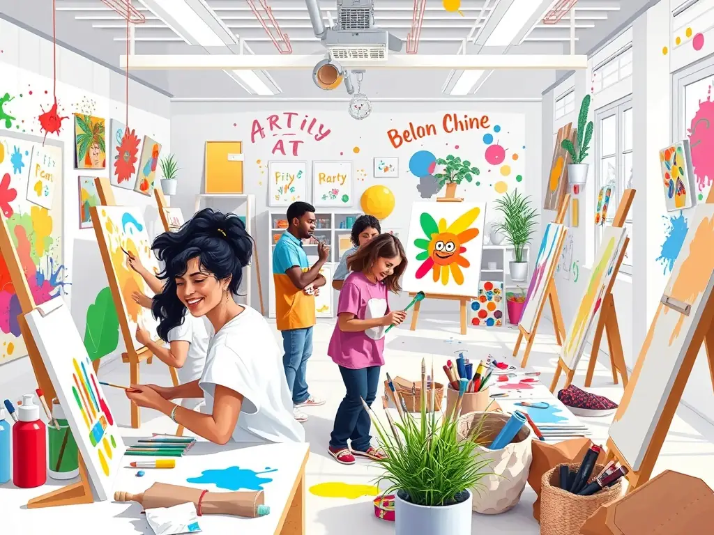 A vibrant image depicting participants engaged in a painting workshop, showcasing creativity and artistic expression. The setting is a bright, open studio with easels and colorful artwork.