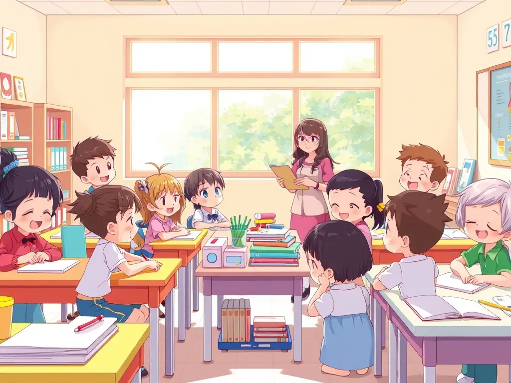 A lively image of a music class with children playing various instruments, highlighting the joy and learning involved in musical education. The setting is a colorful and engaging classroom.